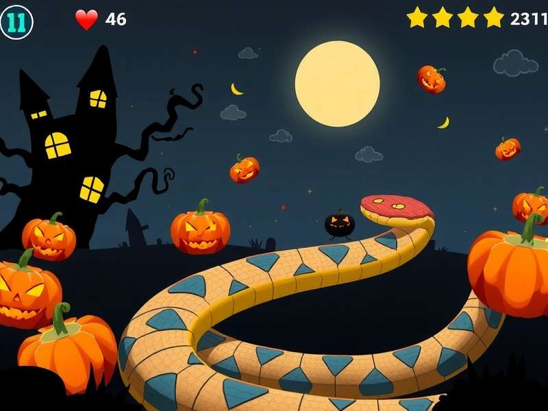 Halloween themed Snake io game showing glowing pumpkins and ghostly snakes on a dark map