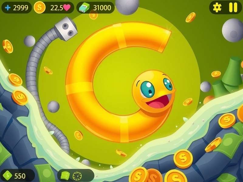 A vibrant Snake io game scene showing a large snake collecting glowing orbs representing money and power-ups